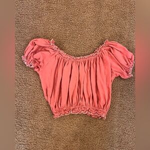 Reformation Off Shoulder Puff Sleeve Crop Top Smocked Ruffle Tencel Coral XS